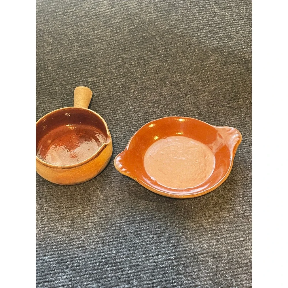 LPV Vallauris France Terracotta Glazed Handled Ramekin and Leaf Saucer Set